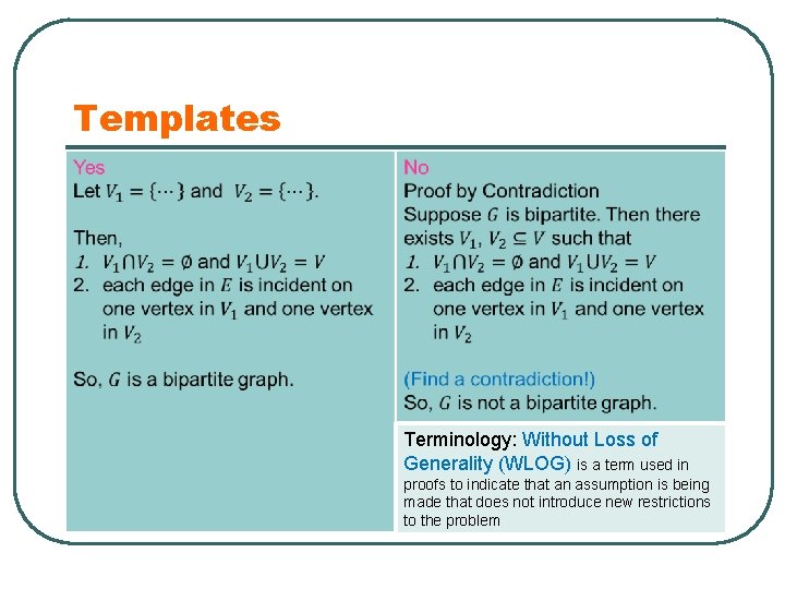 Templates Terminology: Without Loss of Generality (WLOG) is a term used in proofs to