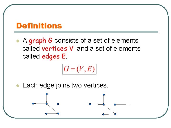 Definitions l l A graph G consists of a set of elements called vertices