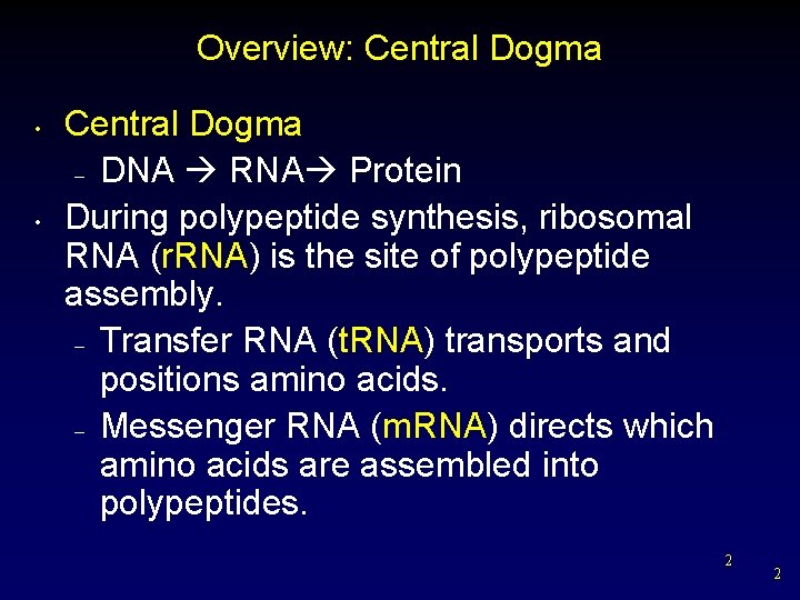 Overview: Central Dogma • • Central Dogma – DNA RNA Protein During polypeptide synthesis,