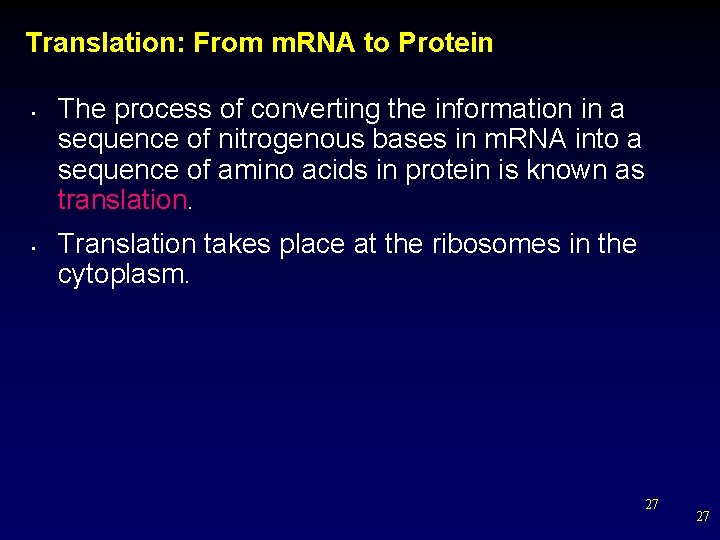 Translation: From m. RNA to Protein • • The process of converting the information