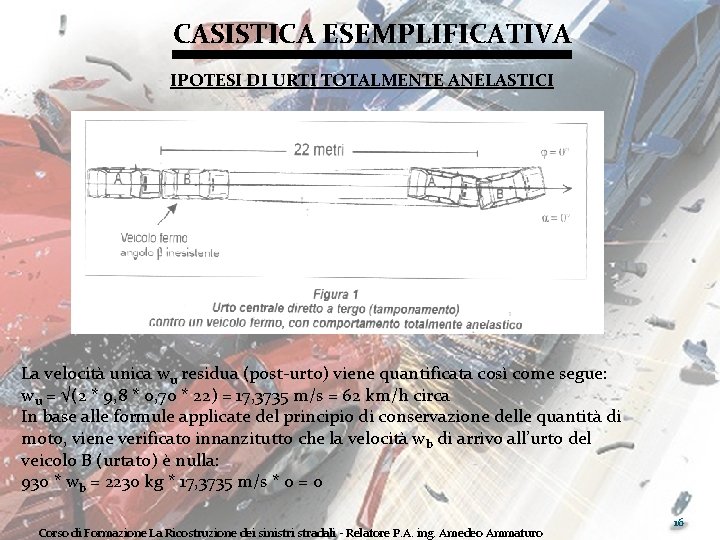 CASISTICA ESEMPLIFICATIVA IPOTESI DI URTI TOTALMENTE ANELASTICI La velocità unica wu residua (post-urto) viene