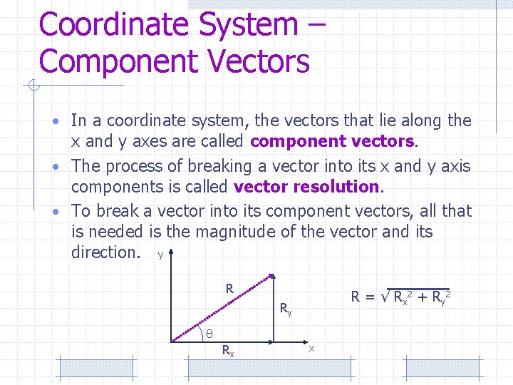 Coordinate System – Component Vectors • In a coordinate system, the vectors that lie