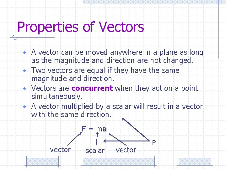 Properties of Vectors • A vector can be moved anywhere in a plane as