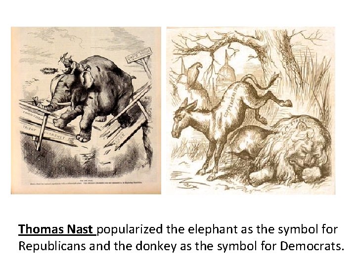 Thomas Nast popularized the elephant as the symbol for Republicans and the donkey as