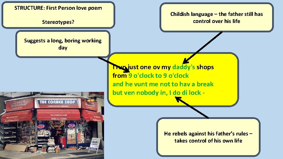 STRUCTURE: First Person love poem Stereotypes? Childish language – the father still has control