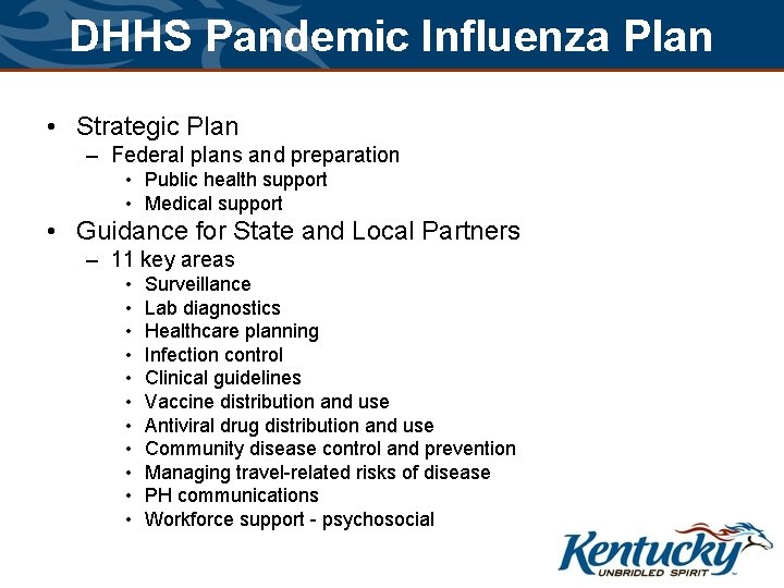 DHHS Pandemic Influenza Plan • Strategic Plan – Federal plans and preparation • Public