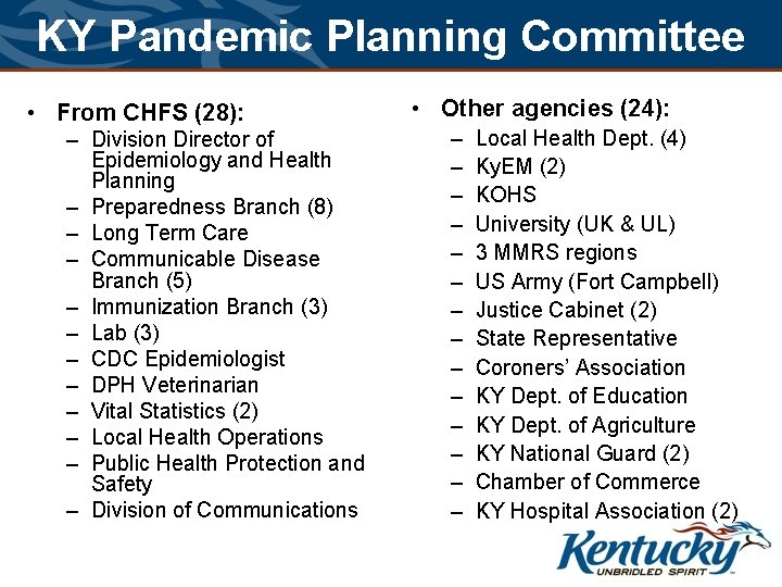 KY Pandemic Planning Committee • From CHFS (28): – Division Director of Epidemiology and