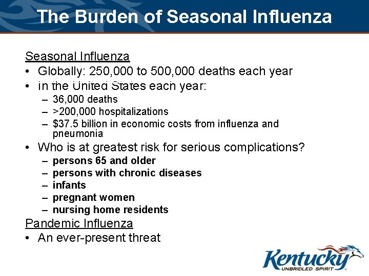 The Burden of Seasonal Influenza • Globally: 250, 000 to 500, 000 deaths each