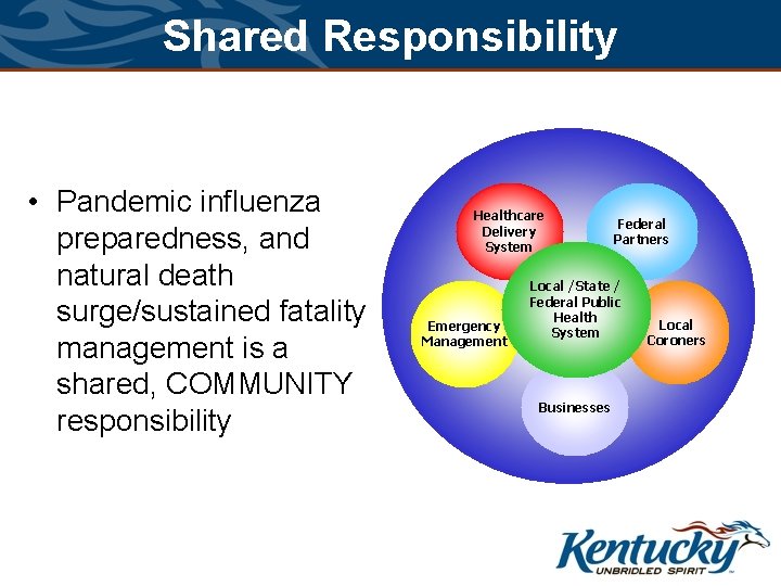 Shared Responsibility • Pandemic influenza preparedness, and natural death surge/sustained fatality management is a