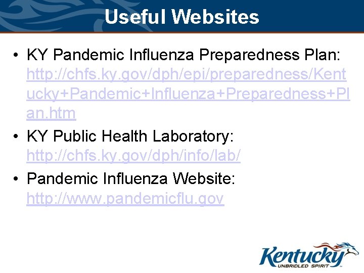 Useful Websites • KY Pandemic Influenza Preparedness Plan: http: //chfs. ky. gov/dph/epi/preparedness/Kent ucky+Pandemic+Influenza+Preparedness+Pl an.