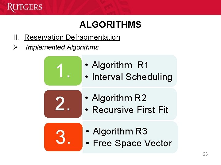 ALGORITHMS II. Reservation Defragmentation Ø Implemented Algorithms 1. • Algorithm R 1 • Interval