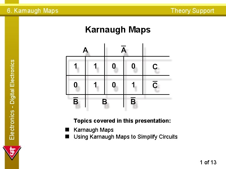 6. Karnaugh Maps Theory Support Electronics - Digital Electronics Karnaugh Maps Topics covered in