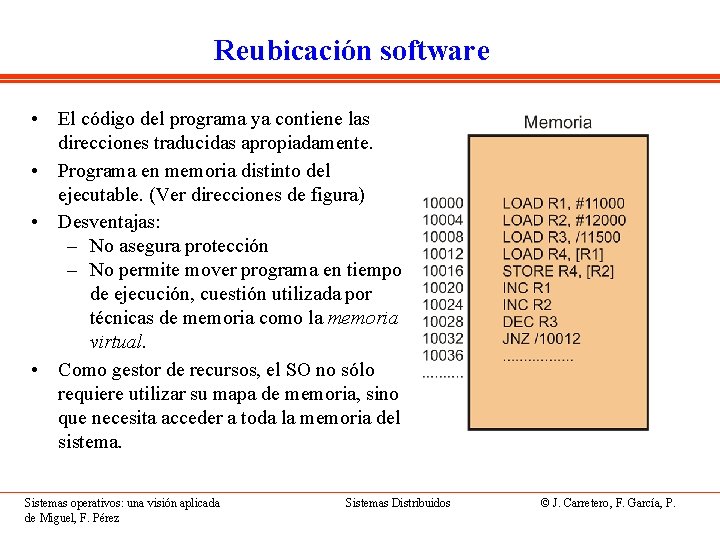 Reubicación software • El código del programa ya contiene las direcciones traducidas apropiadamente. •