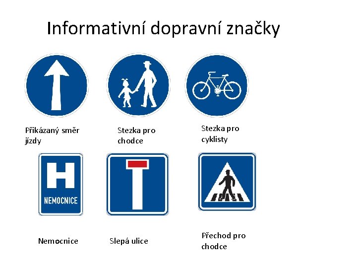 Informativní dopravní značky Přikázaný směr jízdy Nemocnice Stezka pro chodce Slepá ulice Stezka pro