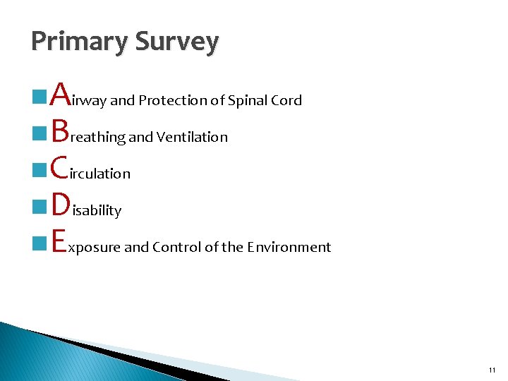 Primary Survey n Airway and Protection of Spinal Cord n Breathing and Ventilation n