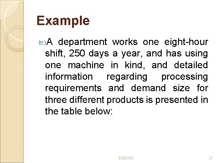 Example A department works one eight hour shift, 250 days a year, and has