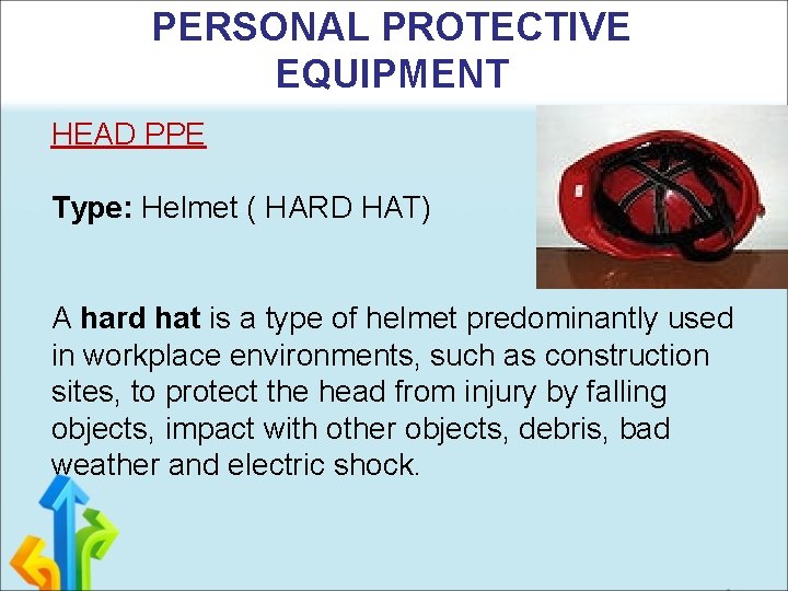 PERSONAL PROTECTIVE EQUIPMENT HEAD PPE Type: Helmet ( HARD HAT) A hard hat is