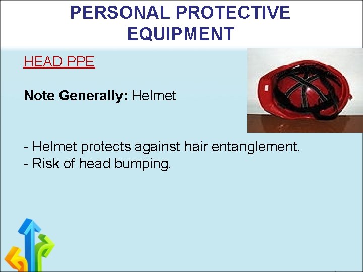 PERSONAL PROTECTIVE EQUIPMENT HEAD PPE Note Generally: Helmet - Helmet protects against hair entanglement.