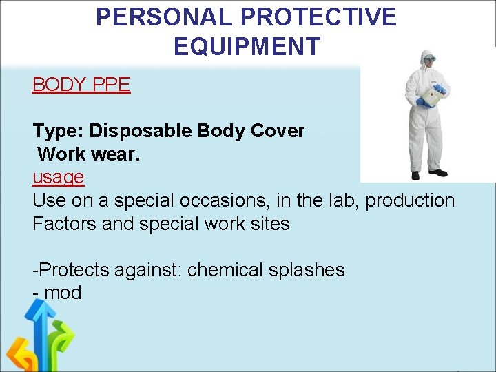 PERSONAL PROTECTIVE EQUIPMENT BODY PPE Type: Disposable Body Cover Work wear. usage Use on
