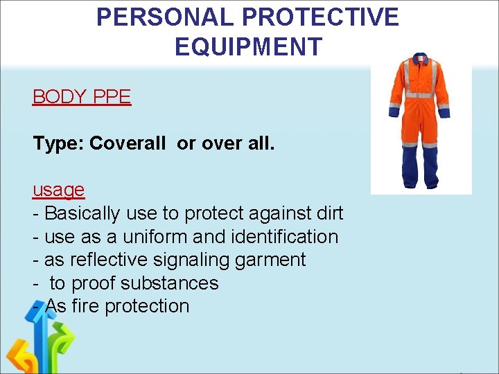 PERSONAL PROTECTIVE EQUIPMENT BODY PPE Type: Coverall or over all. usage - Basically use