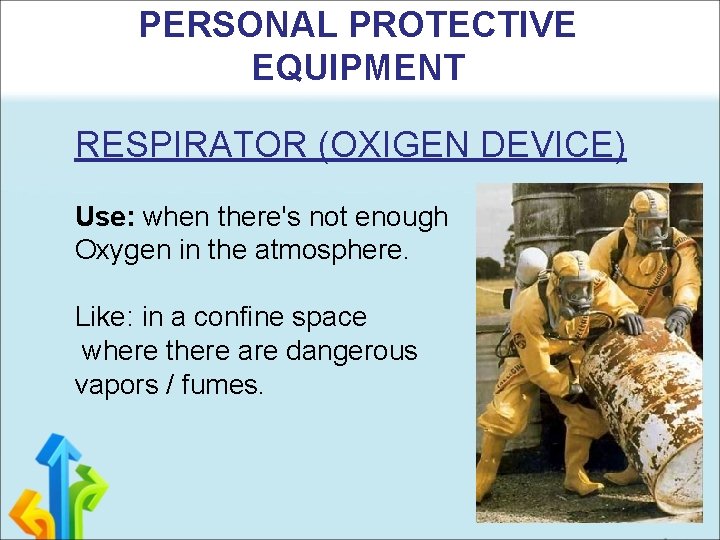 PERSONAL PROTECTIVE EQUIPMENT RESPIRATOR (OXIGEN DEVICE) Use: when there's not enough Oxygen in the