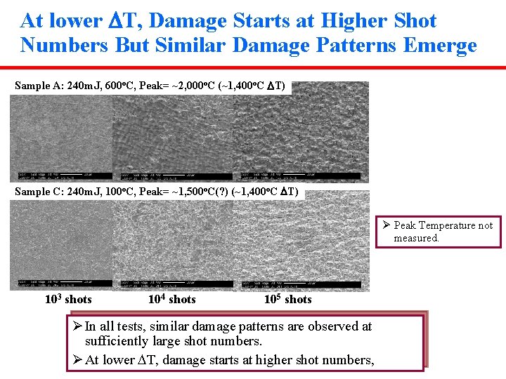 At lower DT, Damage Starts at Higher Shot Numbers But Similar Damage Patterns Emerge