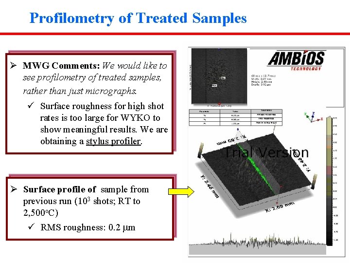 Profilometry of Treated Samples Ø MWG Comments: We would like to see profilometry of