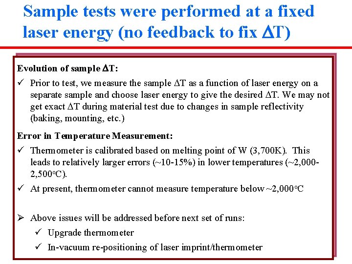 Sample tests were performed at a fixed laser energy (no feedback to fix DT)