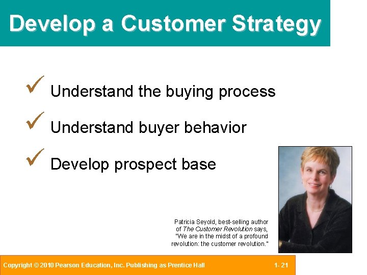 Develop a Customer Strategy Understand the buying process Understand buyer behavior Develop prospect base