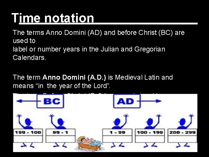 Time notation The terms Anno Domini (AD) and before Christ (BC) are used to