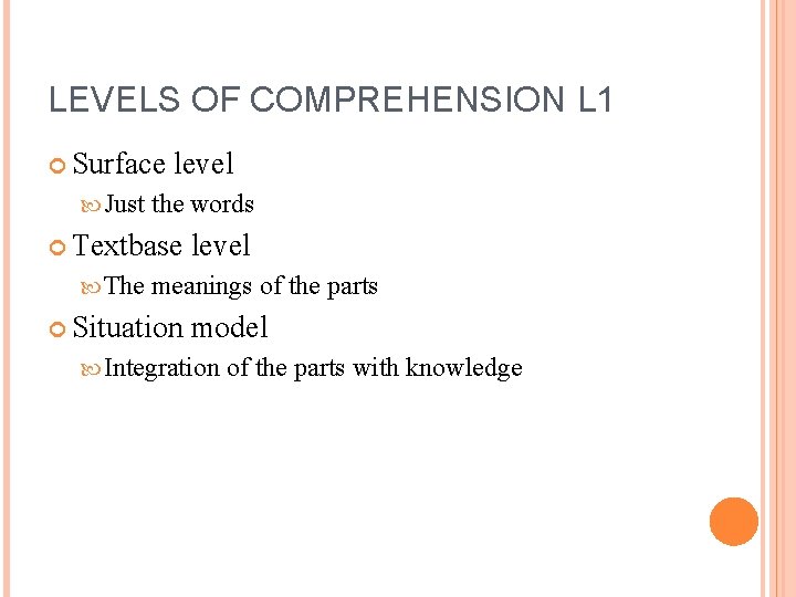 LEVELS OF COMPREHENSION L 1 Surface Just level the words Textbase The level meanings