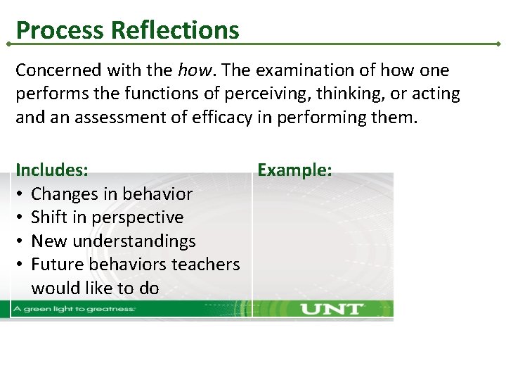 Process Reflections Concerned with the how. The examination of how one performs the functions Process Reflections Concerned with the how. The examination of how one performs the functions