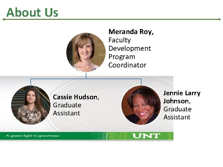 About Us Meranda Roy, Faculty Development Program Coordinator Cassie Hudson, Graduate Assistant Jennie Larry About Us Meranda Roy, Faculty Development Program Coordinator Cassie Hudson, Graduate Assistant Jennie Larry