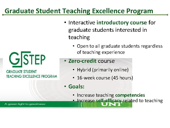 Graduate Student Teaching Excellence Program • Interactive introductory course for graduate students interested in Graduate Student Teaching Excellence Program • Interactive introductory course for graduate students interested in
