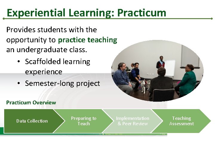 Experiential Learning: Practicum Provides students with the opportunity to practice teaching an undergraduate class. Experiential Learning: Practicum Provides students with the opportunity to practice teaching an undergraduate class.