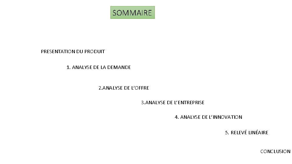 SOMMAIRE PRESENTATION DU PRODUIT 1. ANALYSE DE LA DEMANDE 2. ANALYSE DE L’OFFRE 3.