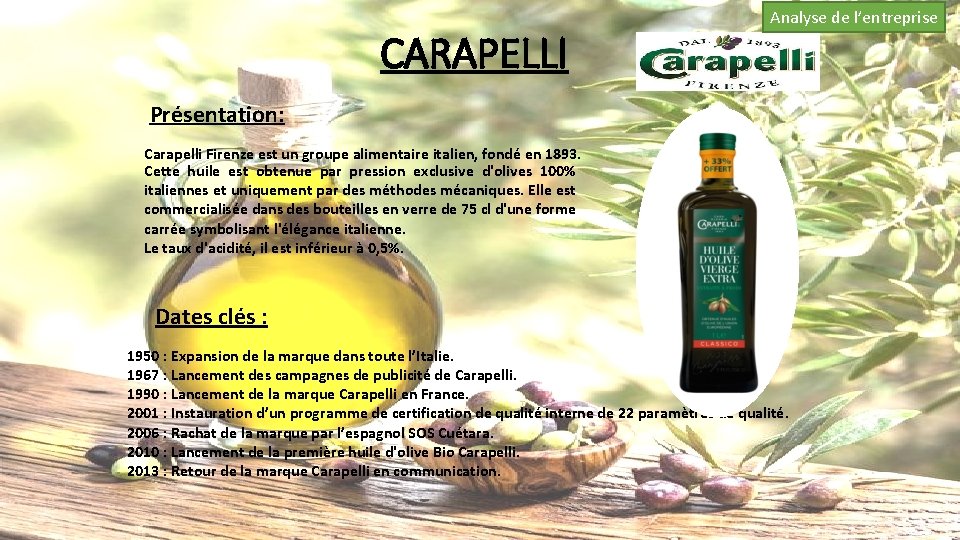 CARAPELLI Analyse de l’entreprise Présentation: Carapelli Firenze est un groupe alimentaire italien, fondé en