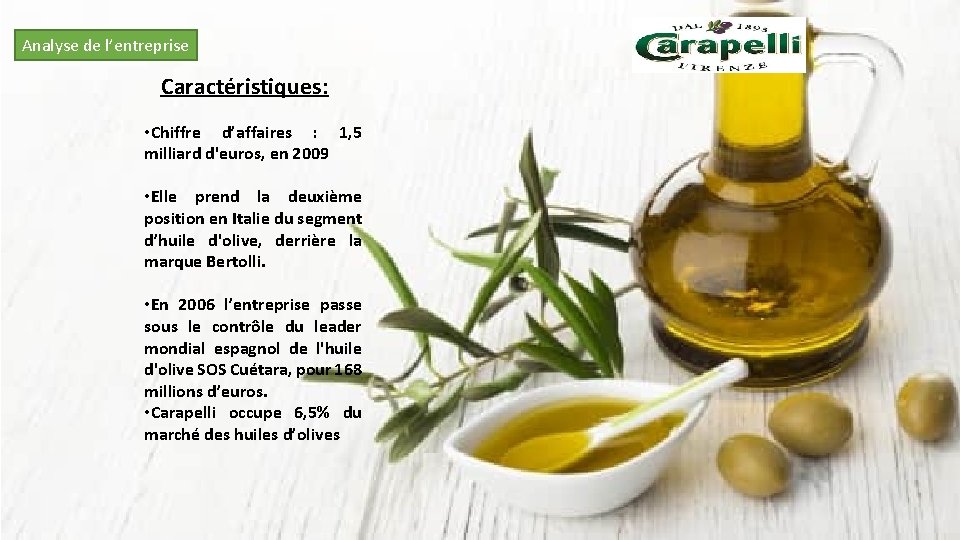 Analyse de l’entreprise Caractéristiques: • Chiffre d’affaires : 1, 5 milliard d'euros, en 2009