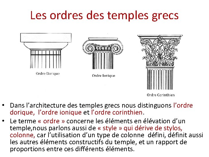 Les ordres des temples grecs • Dans l’architecture des temples grecs nous distinguons l’ordre