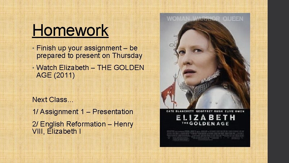 Homework • Finish up your assignment – be prepared to present on Thursday • Homework • Finish up your assignment – be prepared to present on Thursday •