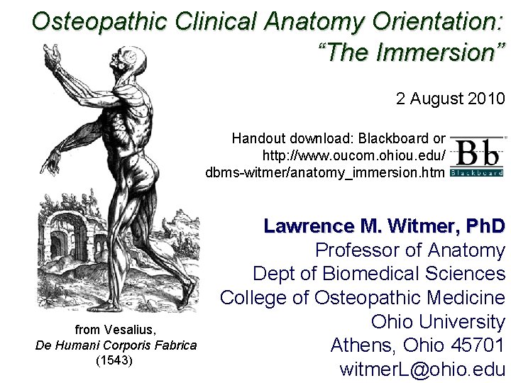 Osteopathic Clinical Anatomy Orientation: “The Immersion” 2 August 2010 Handout download: Blackboard or http: