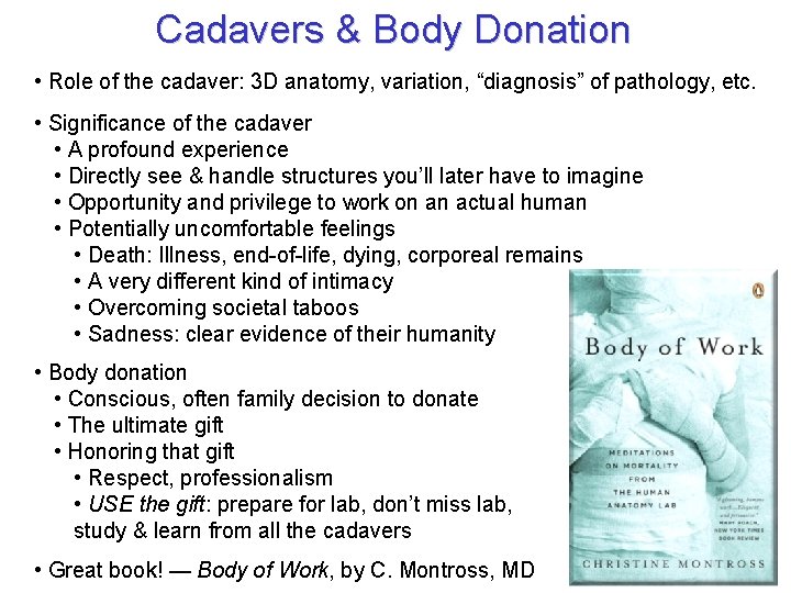 Cadavers & Body Donation • Role of the cadaver: 3 D anatomy, variation, “diagnosis”