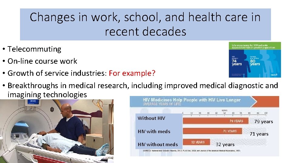 Changes in work, school, and health care in recent decades • Telecommuting • On-line