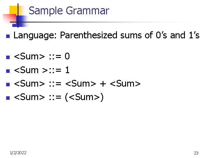 Sample Grammar n n n Language: Parenthesized sums of 0’s and 1’s <Sum> :