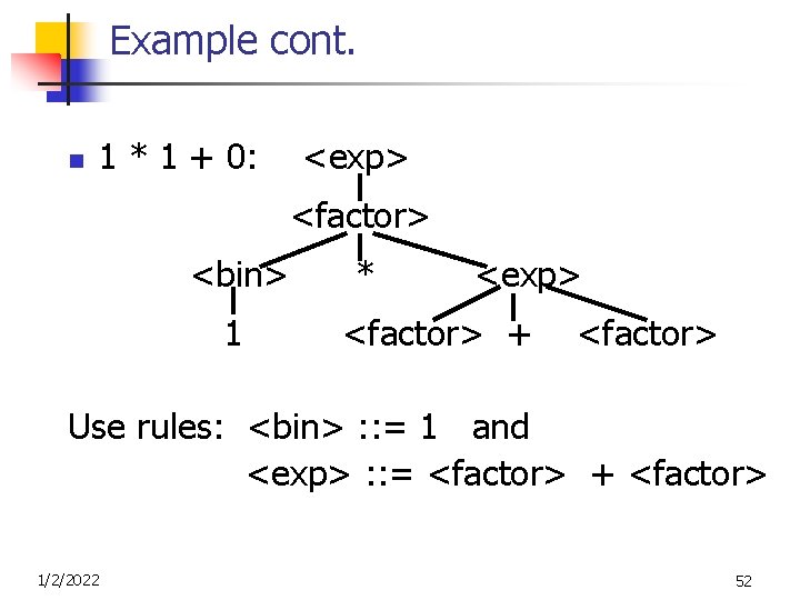 Example cont. n 1 * 1 + 0: <exp> <factor> <bin> 1 * <exp>