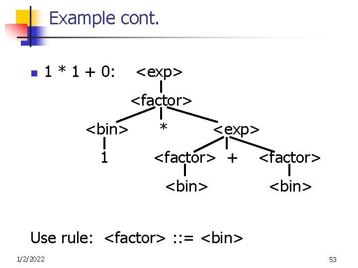 Example cont. n 1 * 1 + 0: <exp> <factor> <bin> 1 * <exp>
