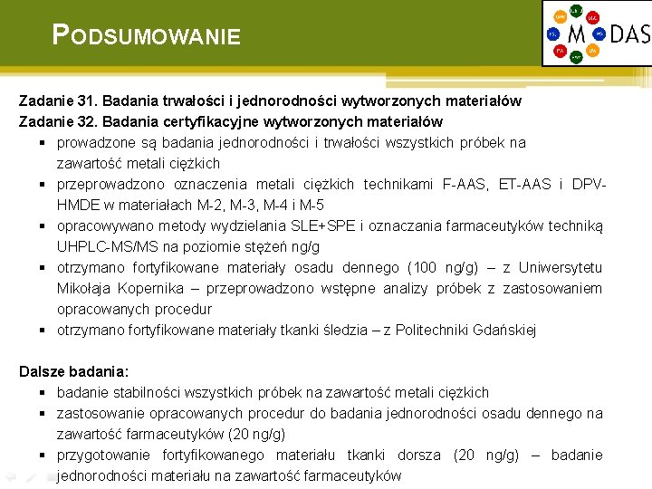 PODSUMOWANIE Zadanie 31. Badania trwałości i jednorodności wytworzonych materiałów Zadanie 32. Badania certyfikacyjne wytworzonych