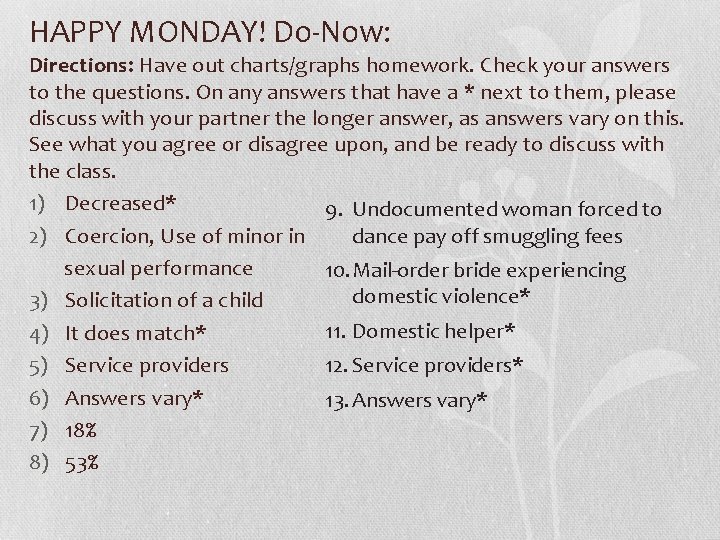 HAPPY MONDAY! Do-Now: Directions: Have out charts/graphs homework. Check your answers to the questions.