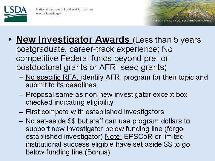  • New Investigator Awards (Less than 5 years postgraduate, career-track experience; No competitive