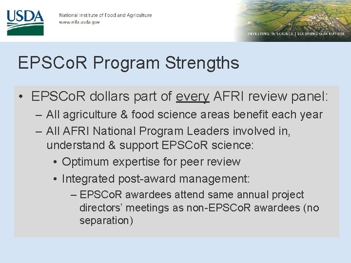 EPSCo. R Program Strengths • EPSCo. R dollars part of every AFRI review panel: